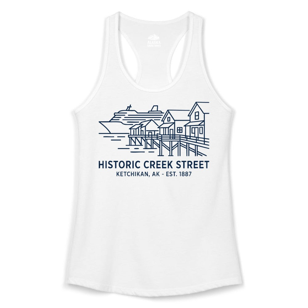 Ketchikan Creek Street Shirt - Alaska Cruise Souvenir Apparel (Ladies Tank) in White - Ketchikan Creek Street Alaska Waterfront and Cruise Ship Shirt