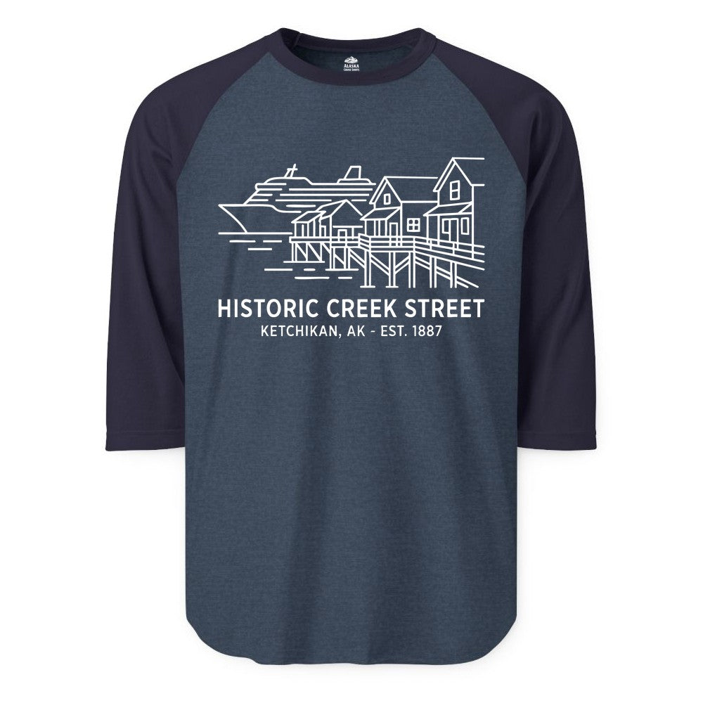 Ketchikan Creek Street Shirt - Alaska Cruise Souvenir Apparel (Raglan) in Heather DenimNavy - Ketchikan Creek Street Alaska Waterfront and Cruise Ship Shirt