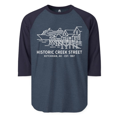 Ketchikan Creek Street Shirt - Alaska Cruise Souvenir Apparel (Raglan) in Heather DenimNavy - Ketchikan Creek Street Alaska Waterfront and Cruise Ship Shirt