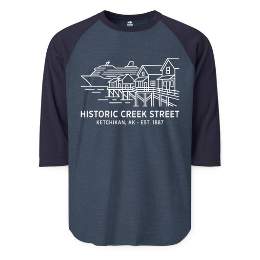 Ketchikan Creek Street Shirt - Alaska Cruise Souvenir Apparel (Raglan) in Heather DenimNavy - Ketchikan Creek Street Alaska Waterfront and Cruise Ship Shirt
