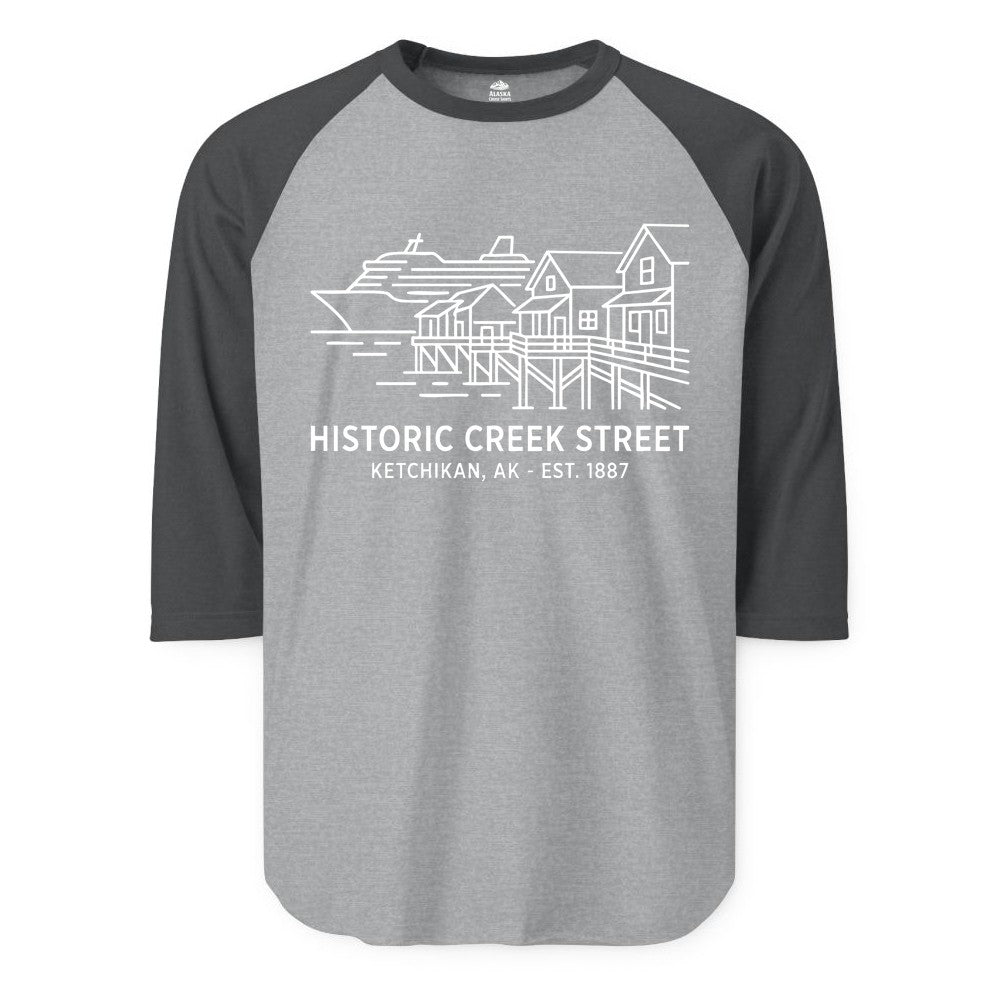 Ketchikan Creek Street Shirt - Alaska Cruise Souvenir Apparel (Raglan) in Heather GreyHeather Charcoal - Ketchikan Creek Street Alaska Waterfront and Cruise Ship Shirt