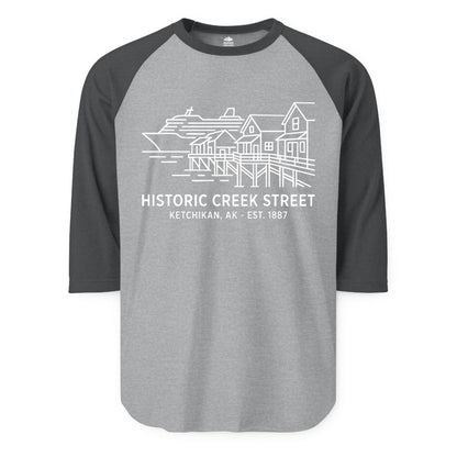 Ketchikan Creek Street Shirt - Alaska Cruise Souvenir Apparel (Raglan) in Heather GreyHeather Charcoal - Ketchikan Creek Street Alaska Waterfront and Cruise Ship Shirt