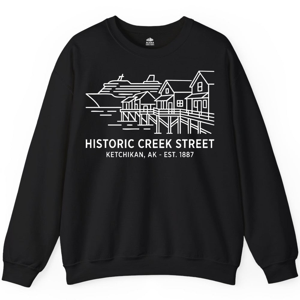 Ketchikan Creek Street Shirt - Alaska Cruise Souvenir Apparel (Sweatshirt) in Black - Ketchikan Creek Street Alaska Waterfront and Cruise Ship Shirt