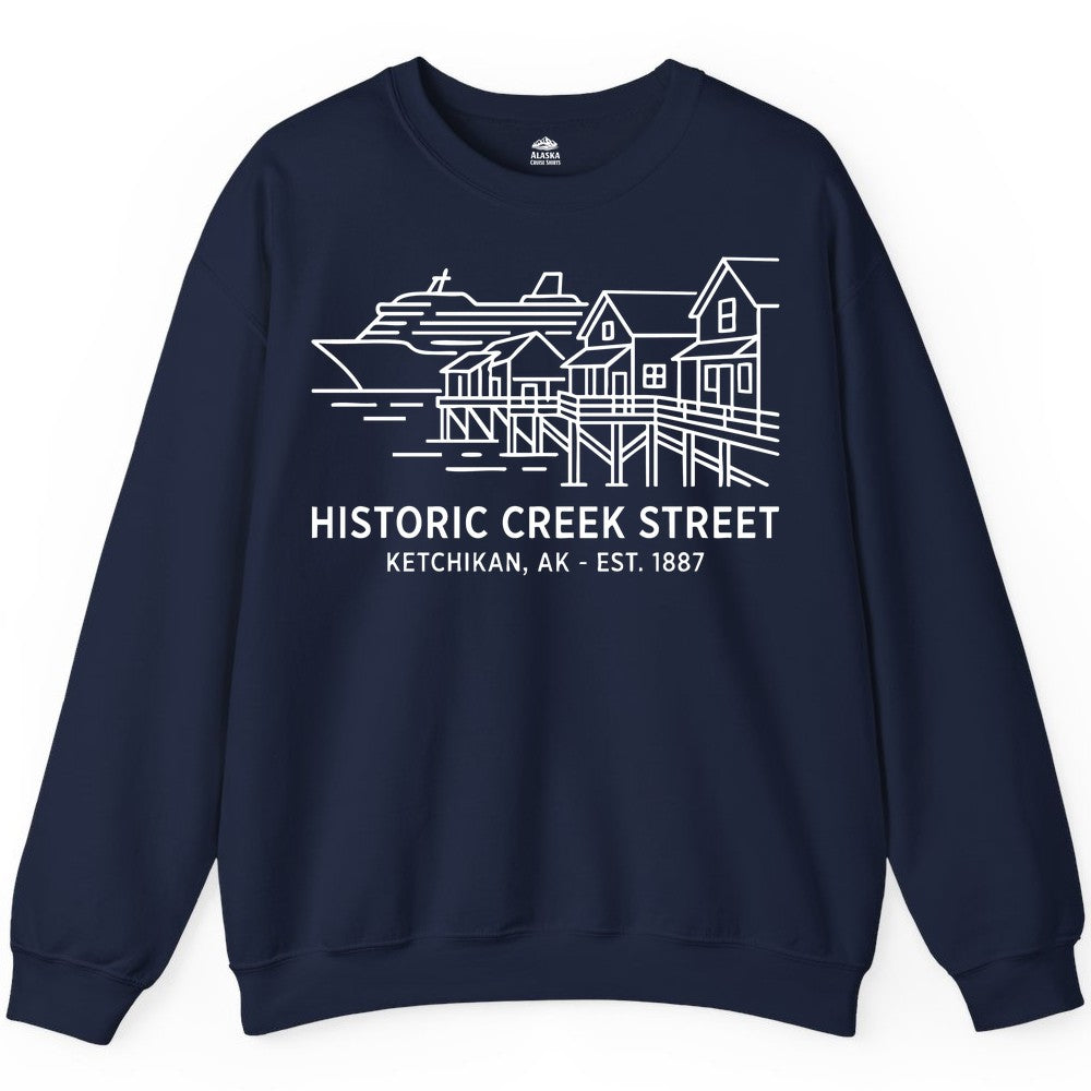 Ketchikan Creek Street Shirt - Alaska Cruise Souvenir Apparel (Sweatshirt) in Navy - Ketchikan Creek Street Alaska Waterfront and Cruise Ship Shirt