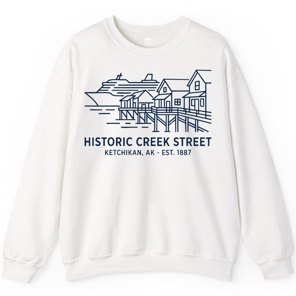 Ketchikan Creek Street Shirt - Alaska Cruise Souvenir Apparel (Sweatshirt) in White - Ketchikan Creek Street Alaska Waterfront and Cruise Ship Shirt