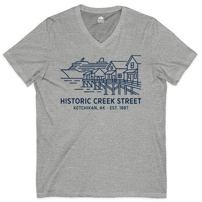 Ketchikan Creek Street Shirt - Alaska Cruise Souvenir Apparel (V-Neck) in Athletic Heather - Ketchikan Creek Street Alaska Waterfront and Cruise Ship Shirt