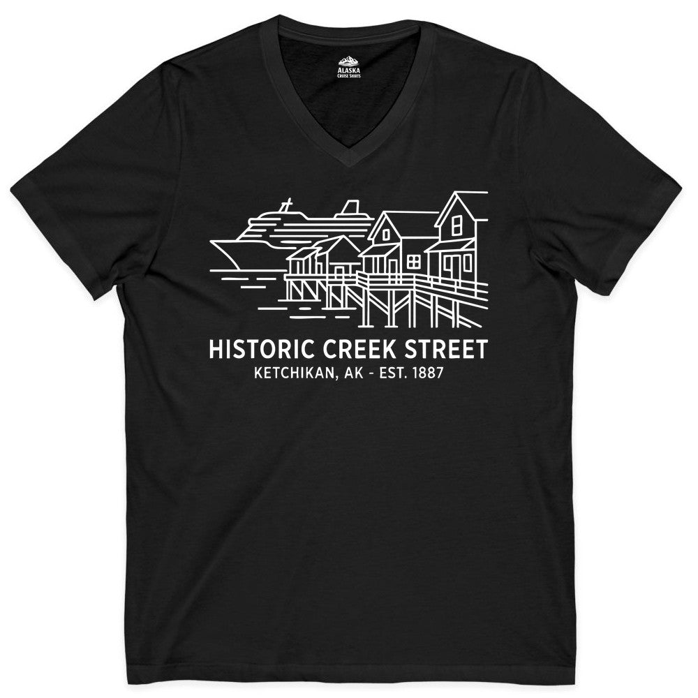 Ketchikan Creek Street Shirt - Alaska Cruise Souvenir Apparel (V-Neck) in Black - Ketchikan Creek Street Alaska Waterfront and Cruise Ship Shirt