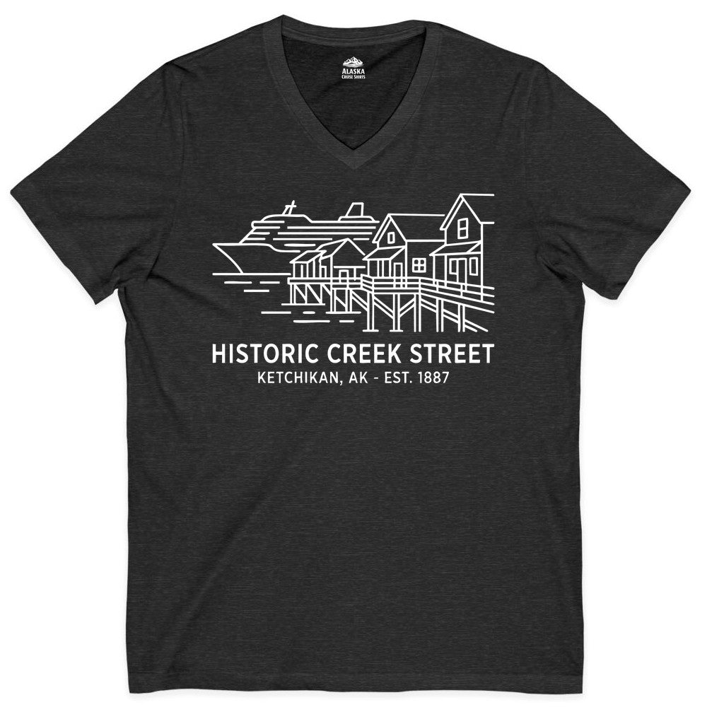 Ketchikan Creek Street Shirt - Alaska Cruise Souvenir Apparel (V-Neck) in Dark Grey Heather - Ketchikan Creek Street Alaska Waterfront and Cruise Ship Shirt