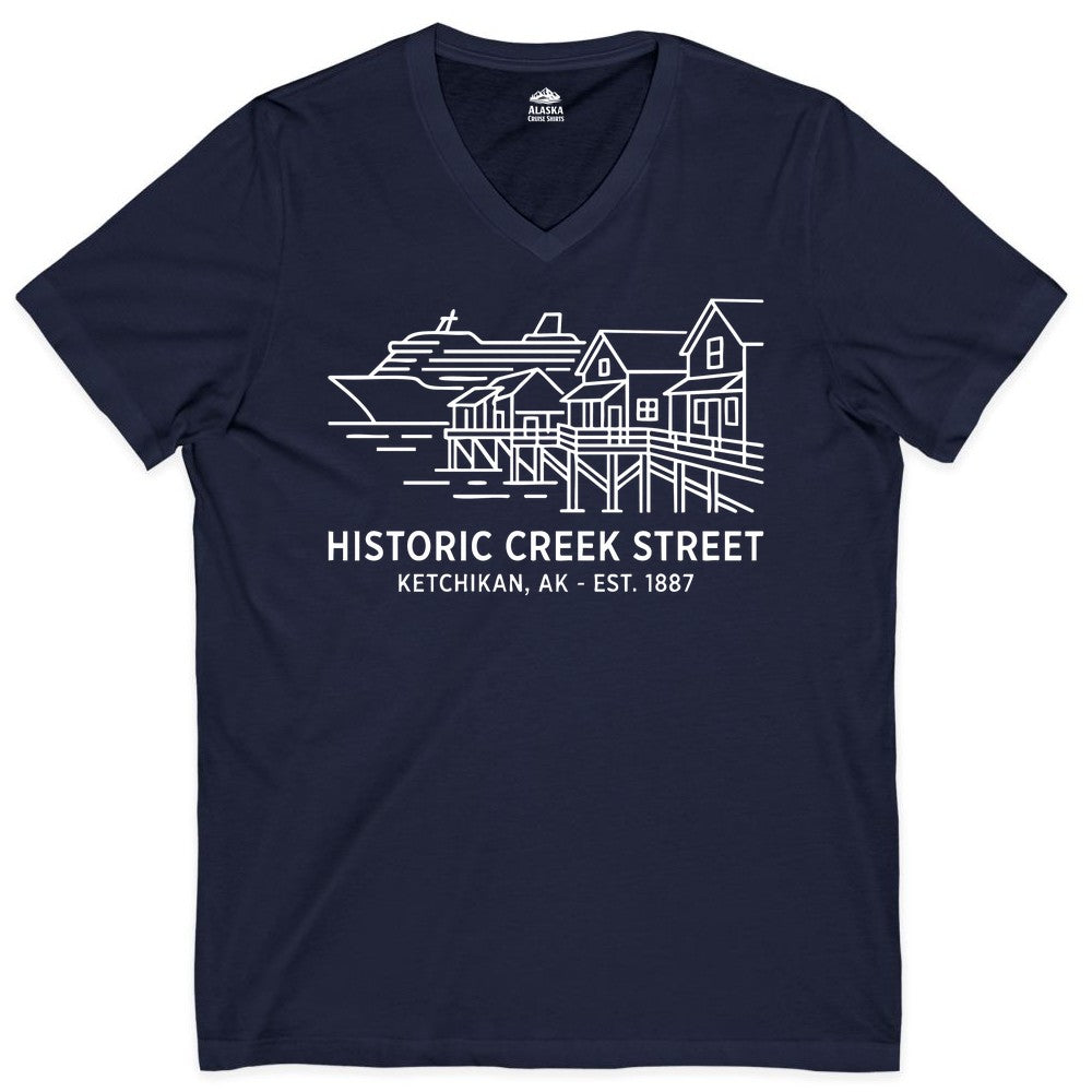 Ketchikan Creek Street Shirt - Alaska Cruise Souvenir Apparel (V-Neck) in Navy - Ketchikan Creek Street Alaska Waterfront and Cruise Ship Shirt