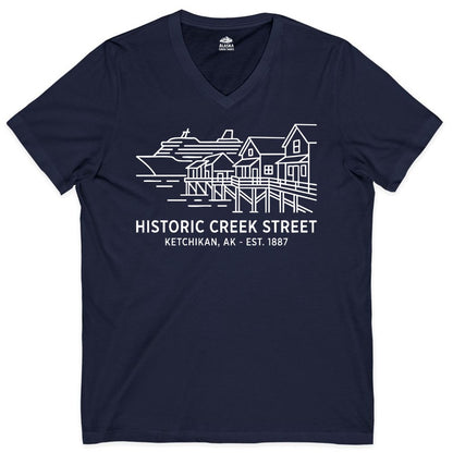 Ketchikan Creek Street Shirt - Alaska Cruise Souvenir Apparel (V-Neck) in Navy - Ketchikan Creek Street Alaska Waterfront and Cruise Ship Shirt