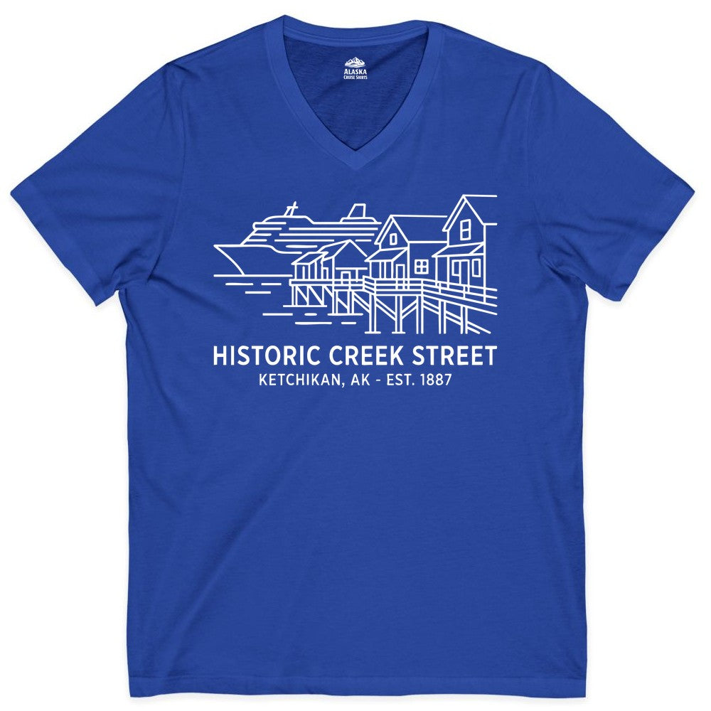 Ketchikan Creek Street Shirt - Alaska Cruise Souvenir Apparel (V-Neck) in True Royal - Ketchikan Creek Street Alaska Waterfront and Cruise Ship Shirt