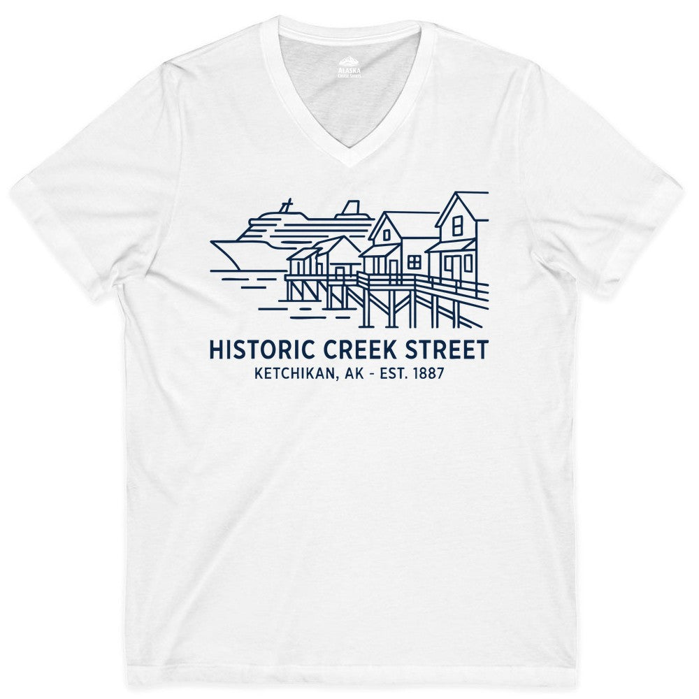 Ketchikan Creek Street Shirt - Alaska Cruise Souvenir Apparel (V-Neck) in White - Ketchikan Creek Street Alaska Waterfront and Cruise Ship Shirt