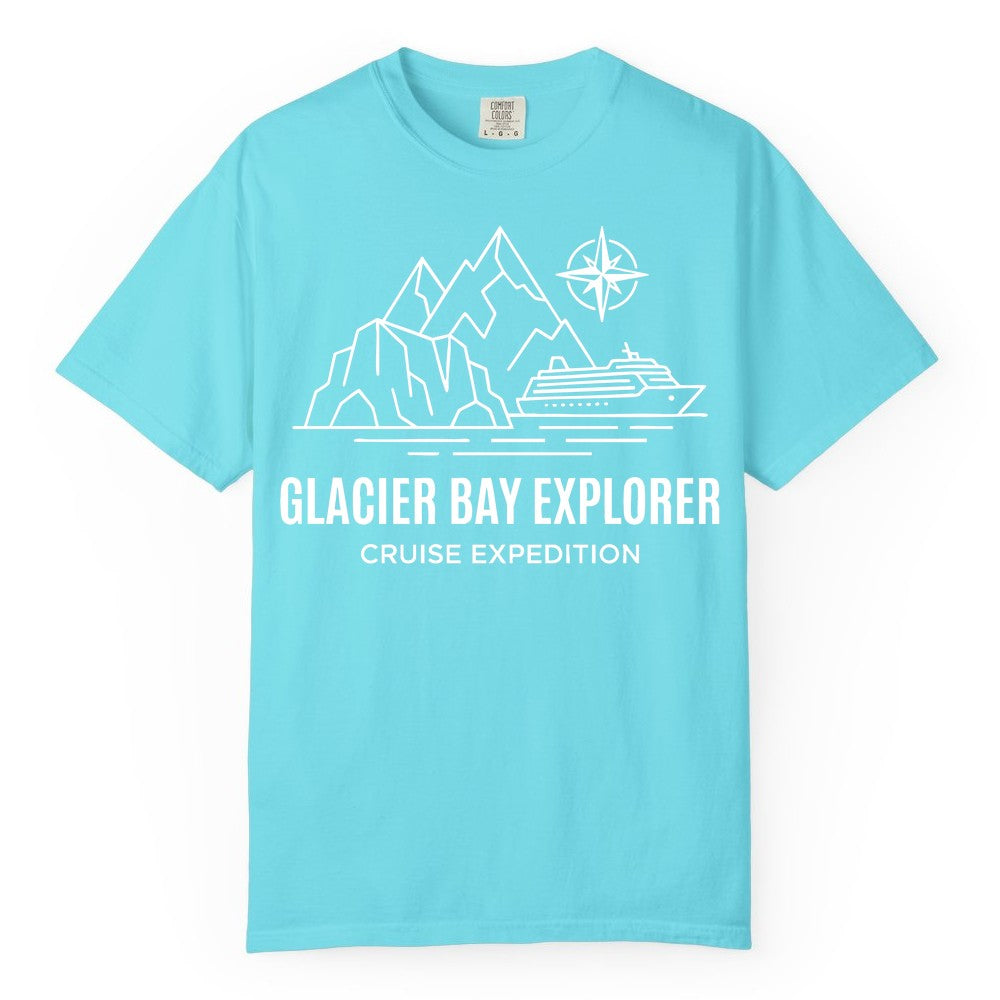 Glacier Bay cruise shirt - Alaska cruise apparel with mountains (Comfort Color) in Lagoon Blue - Glacier Bay Alaska Cruise Shirt - Mountains Compass Adventure Line Art