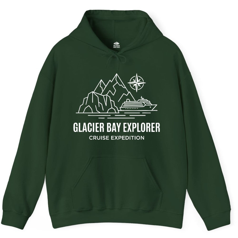 Glacier Bay cruise shirt - Alaska cruise apparel with mountains (Hoodie) in Forest Green - Glacier Bay Alaska Cruise Shirt - Mountains Compass Adventure Line Art