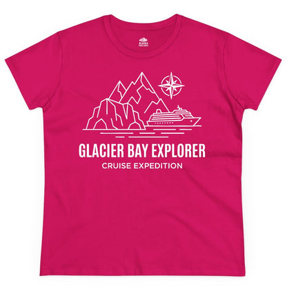Glacier Bay cruise shirt - Alaska cruise apparel with mountains (Ladies Tee) in Heliconia - Glacier Bay Alaska Cruise Shirt - Mountains Compass Adventure Line Art