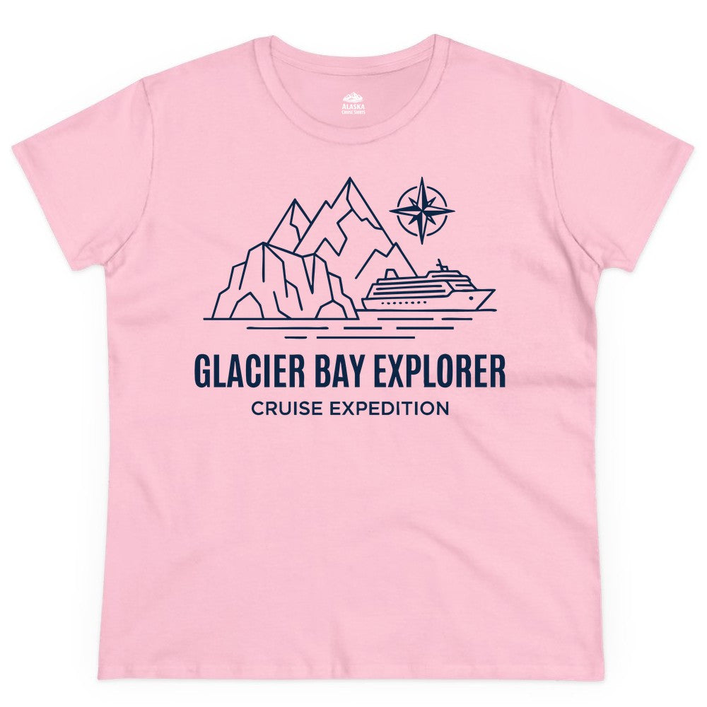 Glacier Bay cruise shirt - Alaska cruise apparel with mountains (Ladies Tee) in Light Pink - Glacier Bay Alaska Cruise Shirt - Mountains Compass Adventure Line Art