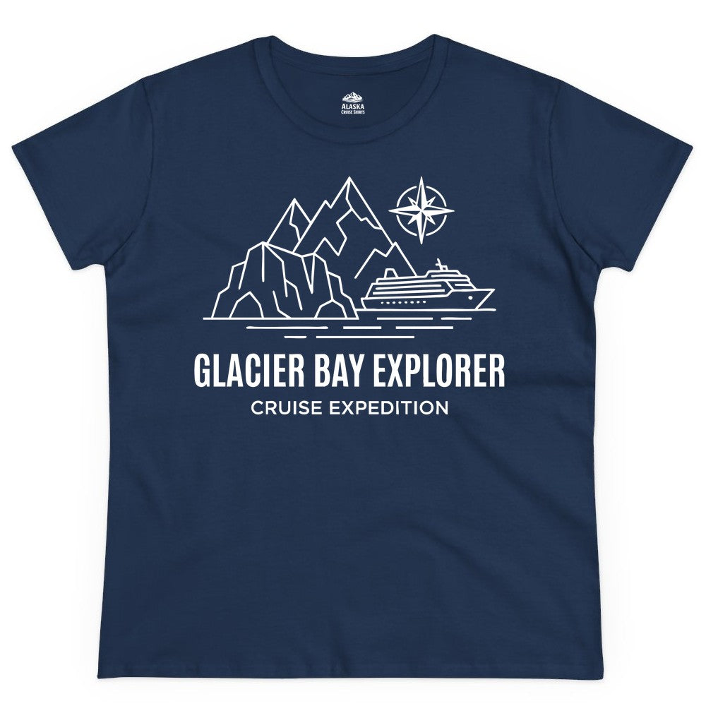 Glacier Bay cruise shirt - Alaska cruise apparel with mountains (Ladies Tee) in Navy - Glacier Bay Alaska Cruise Shirt - Mountains Compass Adventure Line Art