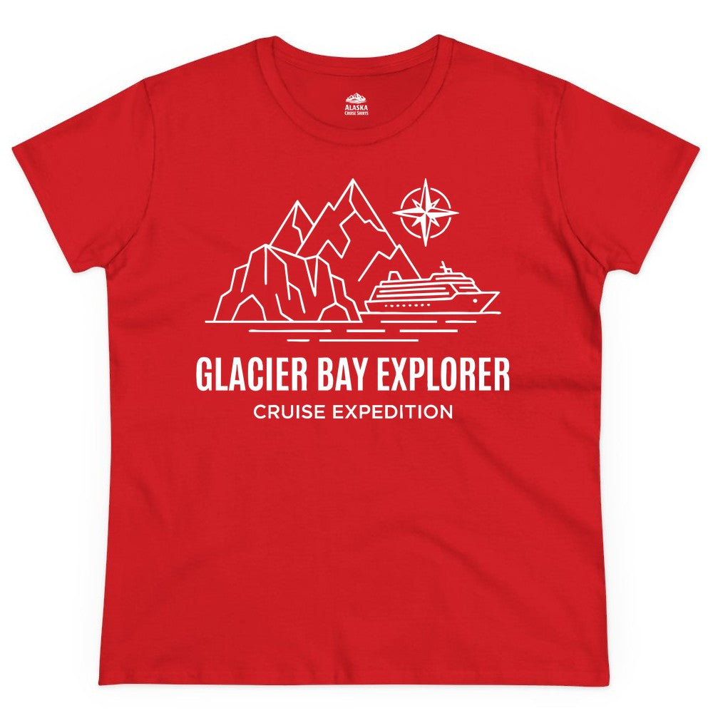 Glacier Bay cruise shirt - Alaska cruise apparel with mountains (Ladies Tee) in Red - Glacier Bay Alaska Cruise Shirt - Mountains Compass Adventure Line Art
