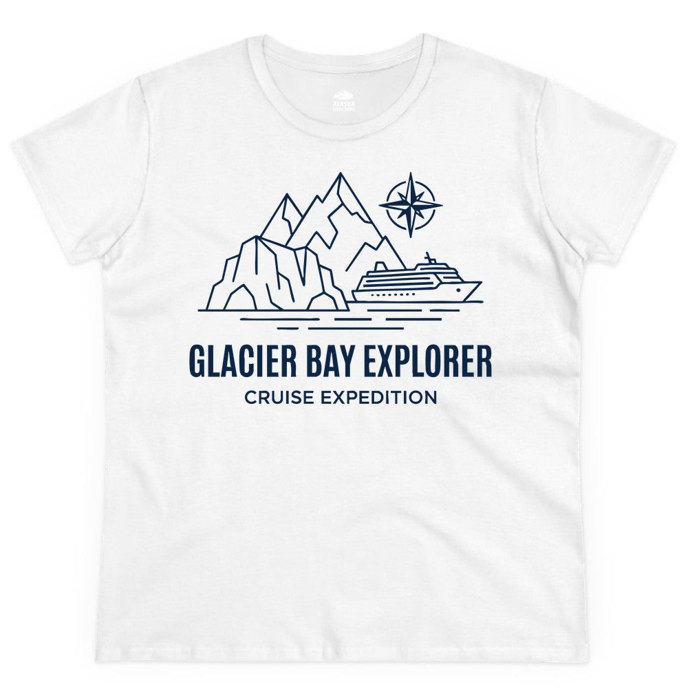 Glacier Bay cruise shirt - Alaska cruise apparel with mountains (Ladies Tee) in White - Glacier Bay Alaska Cruise Shirt - Mountains Compass Adventure Line Art