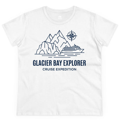 Glacier Bay cruise shirt - Alaska cruise apparel with mountains (Ladies Tee) in White - Glacier Bay Alaska Cruise Shirt - Mountains Compass Adventure Line Art