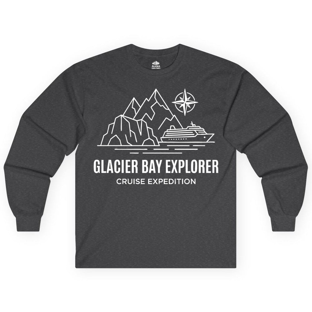 Glacier Bay cruise shirt - Alaska cruise apparel with mountains (Long Sleeve) in Dark Heather - Glacier Bay Alaska Cruise Shirt - Mountains Compass Adventure Line Art