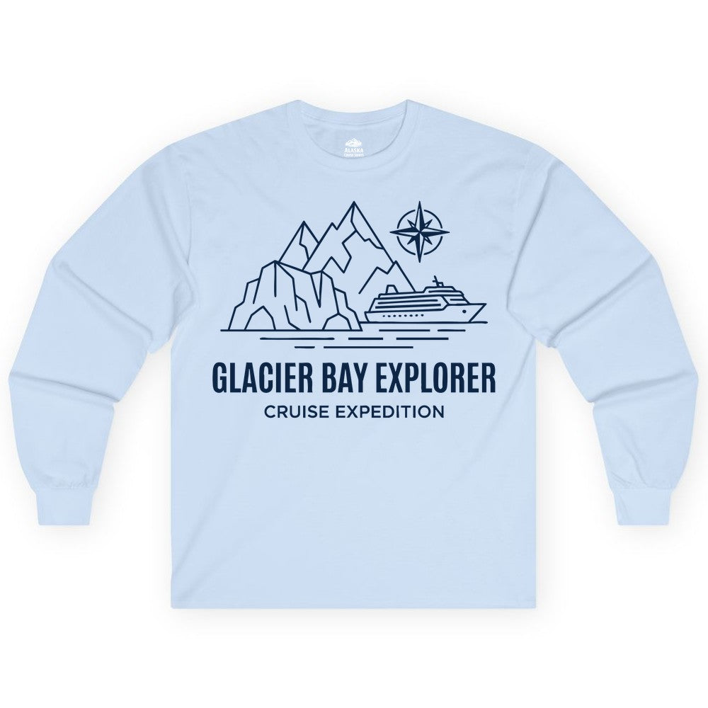 Glacier Bay cruise shirt - Alaska cruise apparel with mountains (Long Sleeve) in Light Blue - Glacier Bay Alaska Cruise Shirt - Mountains Compass Adventure Line Art
