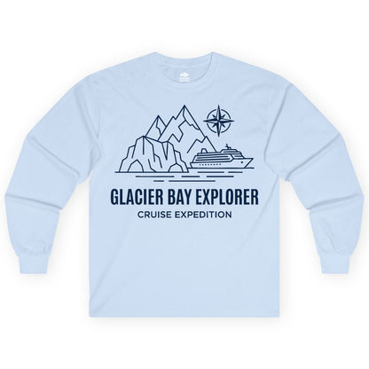 Glacier Bay cruise shirt - Alaska cruise apparel with mountains (Long Sleeve) in Light Blue - Glacier Bay Alaska Cruise Shirt - Mountains Compass Adventure Line Art