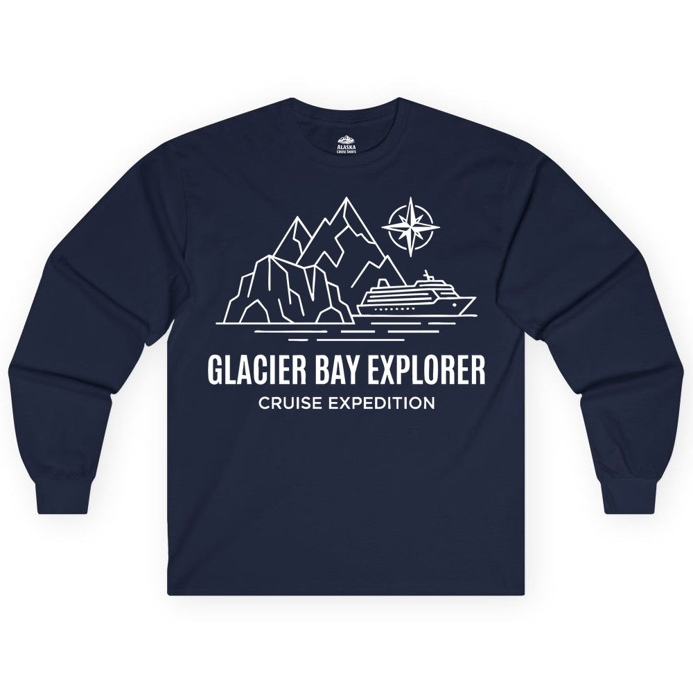 Glacier Bay cruise shirt - Alaska cruise apparel with mountains (Long Sleeve) in Navy - Glacier Bay Alaska Cruise Shirt - Mountains Compass Adventure Line Art