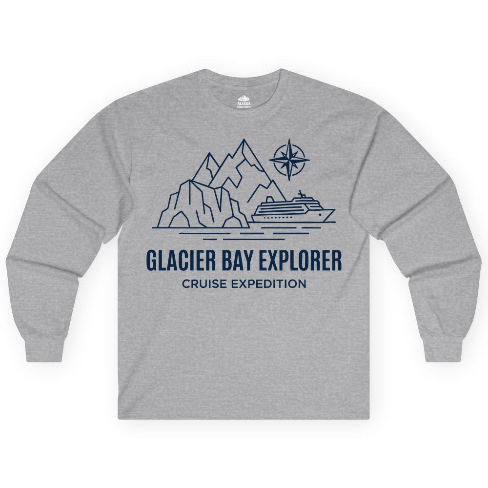Glacier Bay cruise shirt - Alaska cruise apparel with mountains (Long Sleeve) in Sport Grey - Glacier Bay Alaska Cruise Shirt - Mountains Compass Adventure Line Art
