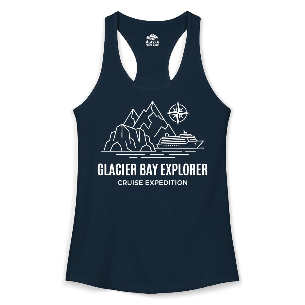Glacier Bay cruise shirt - Alaska cruise apparel with mountains (Ladies Tank) in Solid Midnight Navy - Glacier Bay Alaska Cruise Shirt - Mountains Compass Adventure Line Art