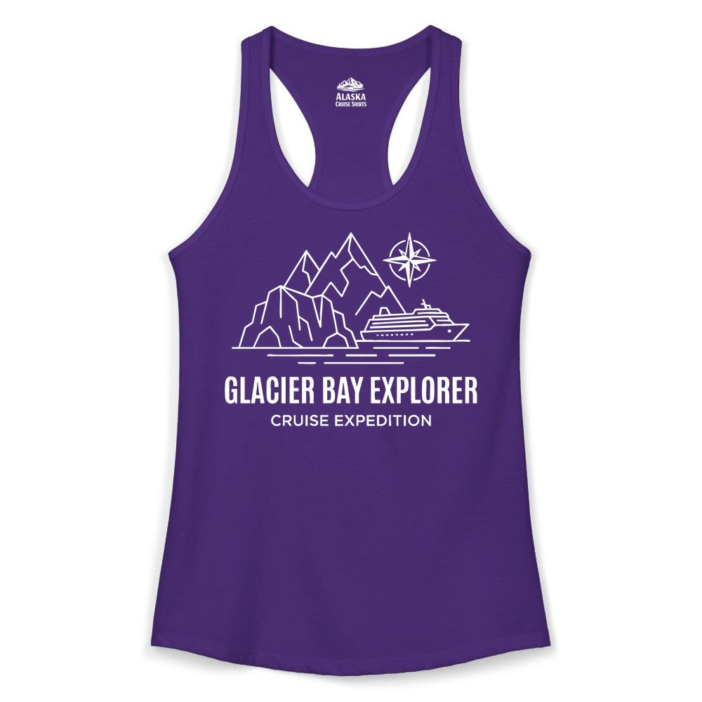 Glacier Bay cruise shirt - Alaska cruise apparel with mountains (Ladies Tank) in Solid Purple Rush - Glacier Bay Alaska Cruise Shirt - Mountains Compass Adventure Line Art