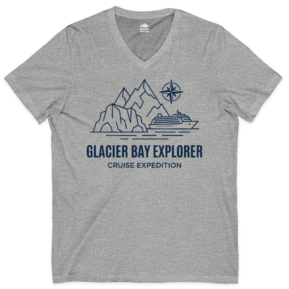 Glacier Bay cruise shirt - Alaska cruise apparel with mountains (V-Neck) in Athletic Heather - Glacier Bay Alaska Cruise Shirt - Mountains Compass Adventure Line Art