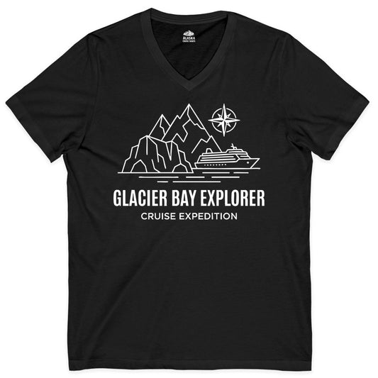Glacier Bay cruise shirt - Alaska cruise apparel with mountains (V-Neck) in Black - Glacier Bay Alaska Cruise Shirt - Mountains Compass Adventure Line Art
