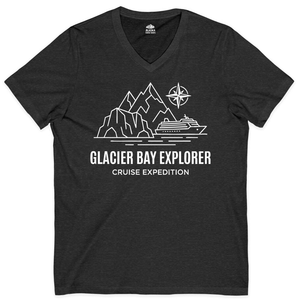 Glacier Bay cruise shirt - Alaska cruise apparel with mountains (V-Neck) in Dark Grey Heather - Glacier Bay Alaska Cruise Shirt - Mountains Compass Adventure Line Art