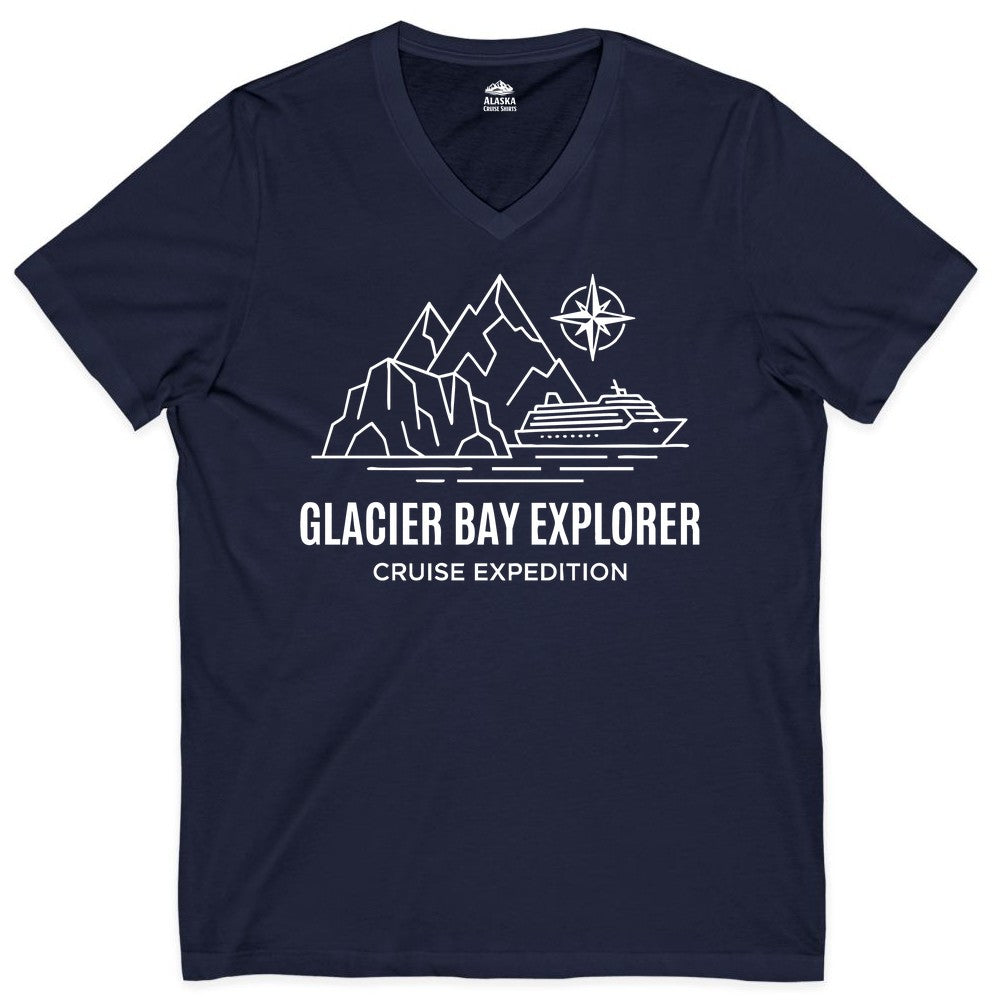 Glacier Bay cruise shirt - Alaska cruise apparel with mountains (V-Neck) in Navy - Glacier Bay Alaska Cruise Shirt - Mountains Compass Adventure Line Art