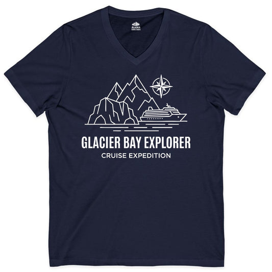 Glacier Bay cruise shirt - Alaska cruise apparel with mountains (V-Neck) in Navy - Glacier Bay Alaska Cruise Shirt - Mountains Compass Adventure Line Art