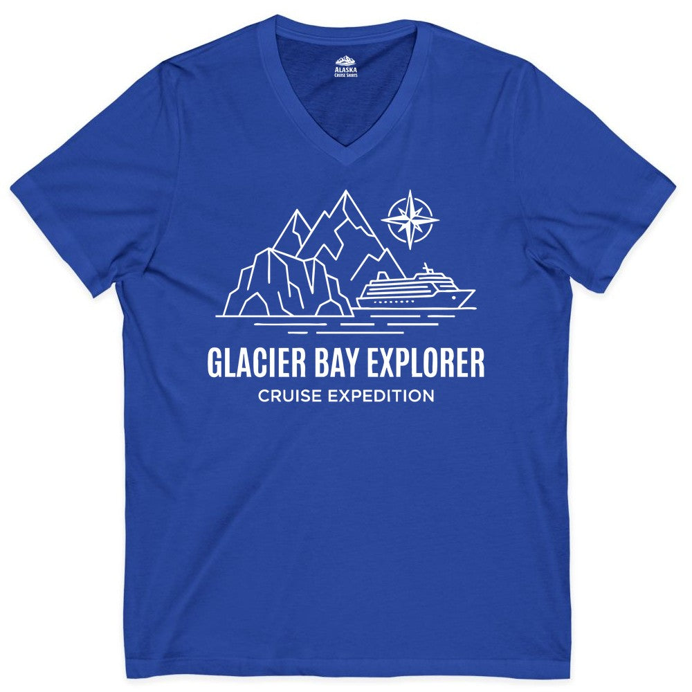 Glacier Bay cruise shirt - Alaska cruise apparel with mountains (V-Neck) in True Royal - Glacier Bay Alaska Cruise Shirt - Mountains Compass Adventure Line Art