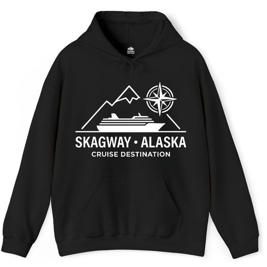Skagway Alaska Cruise Shirt - Souvenir Apparel for Travelers (Hoodie) in Black - Skagway Alaska Cruise Shirt - Mountains Ship Compass Line Art Tee
