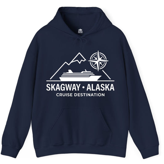 Skagway Alaska Cruise Shirt - Souvenir Apparel for Travelers (Hoodie) in Navy - Skagway Alaska Cruise Shirt - Mountains Ship Compass Line Art Tee