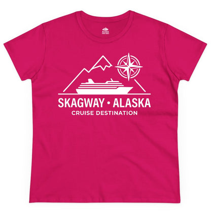 Skagway Alaska Cruise Shirt - Souvenir Apparel for Travelers (Ladies Tee) in Heliconia - Skagway Alaska Cruise Shirt - Mountains Ship Compass Line Art Tee