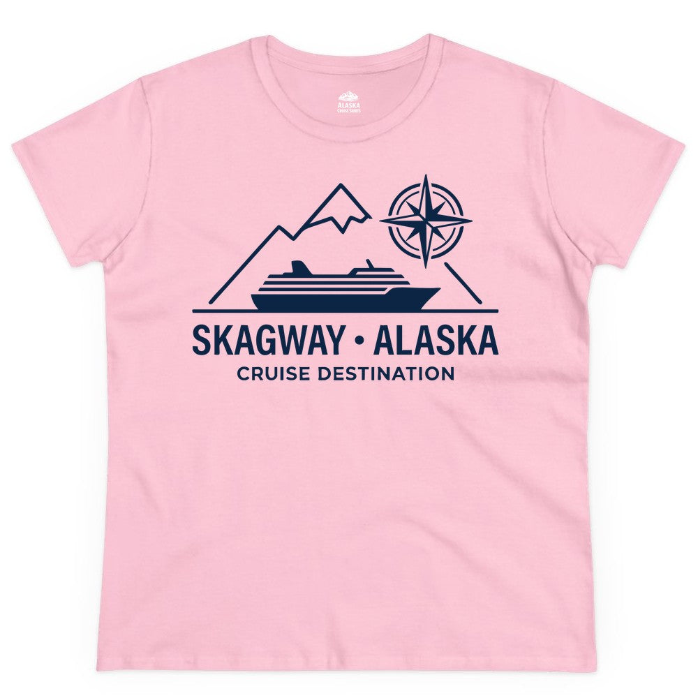 Skagway Alaska Cruise Shirt - Souvenir Apparel for Travelers (Ladies Tee) in Light Pink - Skagway Alaska Cruise Shirt - Mountains Ship Compass Line Art Tee