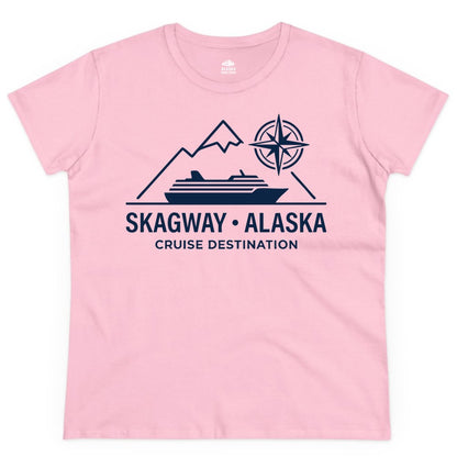 Skagway Alaska Cruise Shirt - Souvenir Apparel for Travelers (Ladies Tee) in Light Pink - Skagway Alaska Cruise Shirt - Mountains Ship Compass Line Art Tee