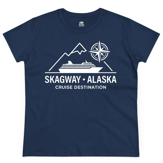 Skagway Alaska Cruise Shirt - Souvenir Apparel for Travelers (Ladies Tee) in Navy - Skagway Alaska Cruise Shirt - Mountains Ship Compass Line Art Tee