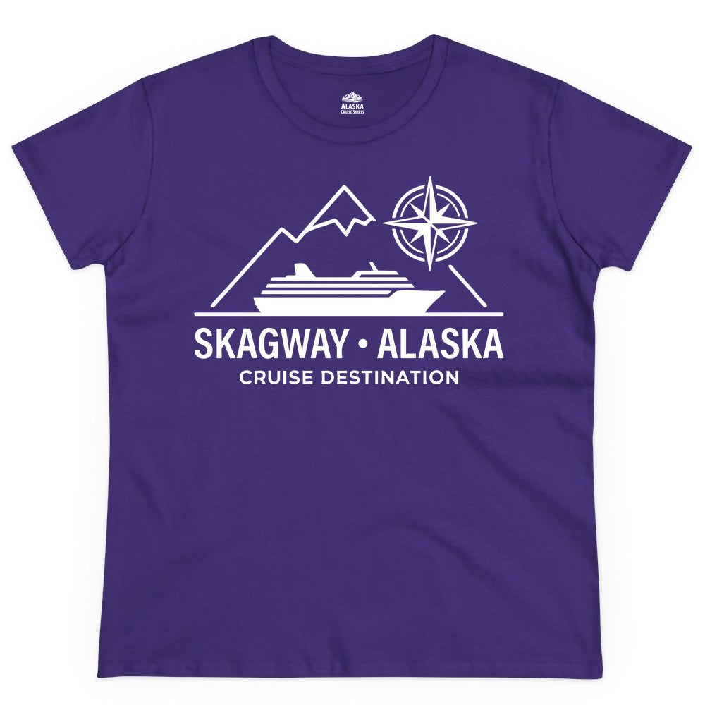 Skagway Alaska Cruise Shirt - Souvenir Apparel for Travelers (Ladies Tee) in Purple - Skagway Alaska Cruise Shirt - Mountains Ship Compass Line Art Tee