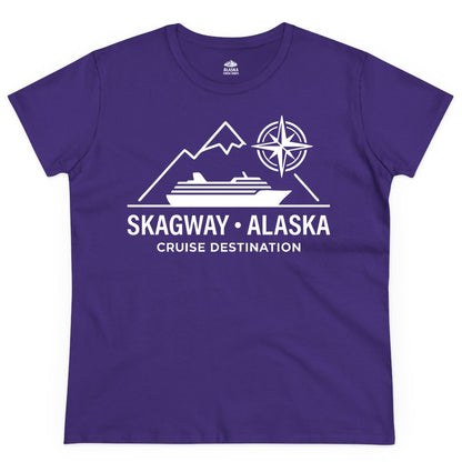 Skagway Alaska Cruise Shirt - Souvenir Apparel for Travelers (Ladies Tee) in Purple - Skagway Alaska Cruise Shirt - Mountains Ship Compass Line Art Tee