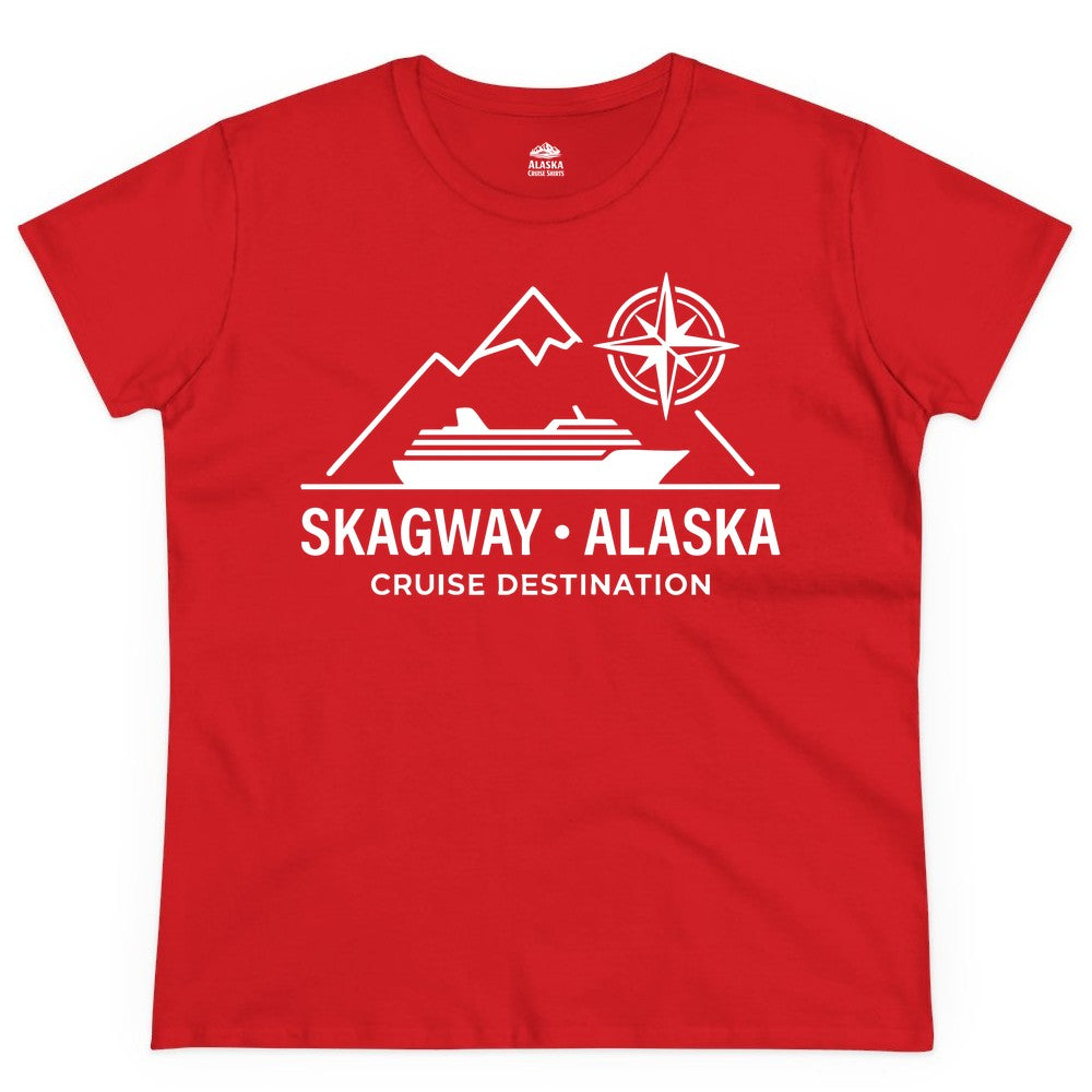 Skagway Alaska Cruise Shirt - Souvenir Apparel for Travelers (Ladies Tee) in Red - Skagway Alaska Cruise Shirt - Mountains Ship Compass Line Art Tee