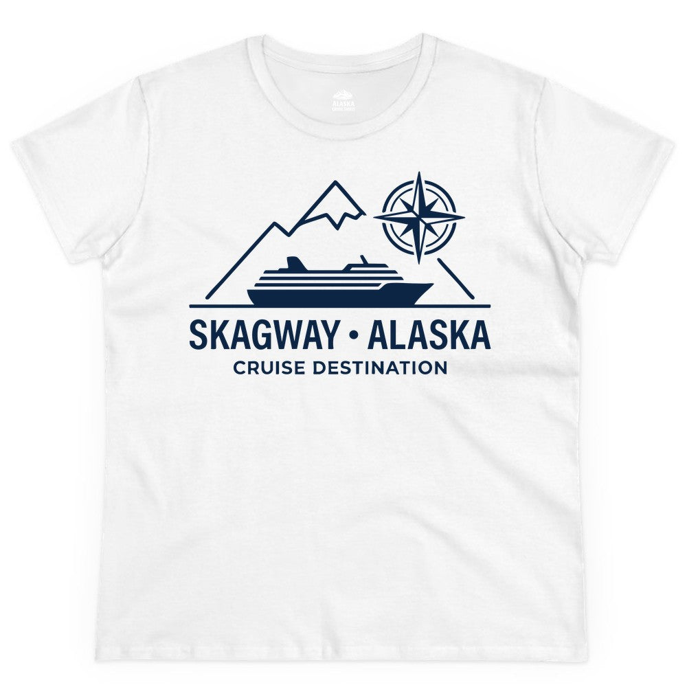 Skagway Alaska Cruise Shirt - Souvenir Apparel for Travelers (Ladies Tee) in White - Skagway Alaska Cruise Shirt - Mountains Ship Compass Line Art Tee