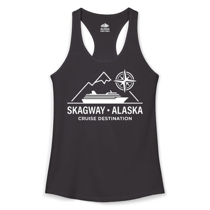 Skagway Alaska Cruise Shirt - Souvenir Apparel for Travelers (Ladies Tank) in Black - Skagway Alaska Cruise Shirt - Mountains Ship Compass Line Art Tee