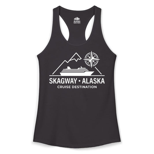Skagway Alaska Cruise Shirt - Souvenir Apparel for Travelers (Ladies Tank) in Black - Skagway Alaska Cruise Shirt - Mountains Ship Compass Line Art Tee