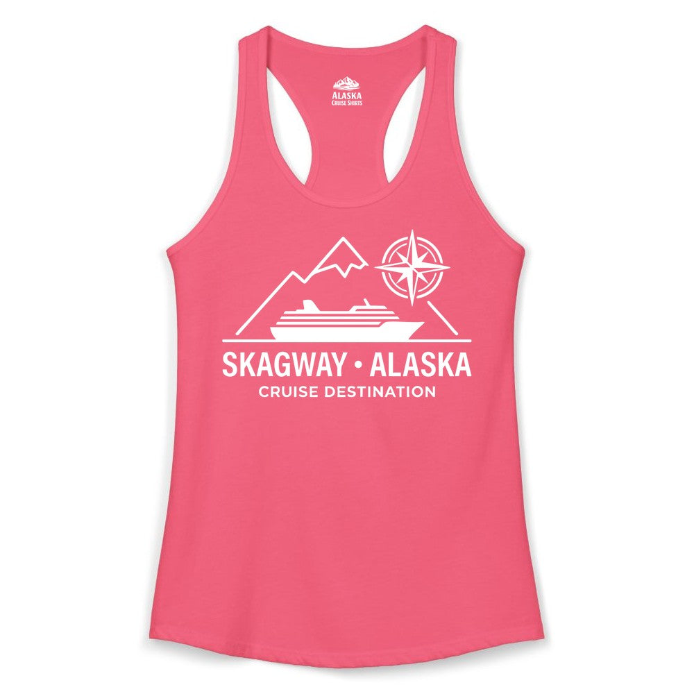 Skagway Alaska Cruise Shirt - Souvenir Apparel for Travelers (Ladies Tank) in Hot Pink - Skagway Alaska Cruise Shirt - Mountains Ship Compass Line Art Tee
